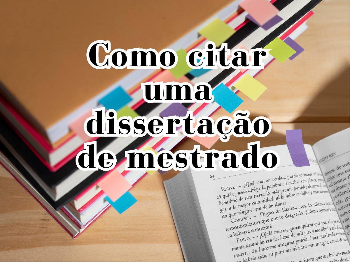 Livro aberto com anotações sobre como citar uma dissertação de mestrado, com foco no estilo de citação.