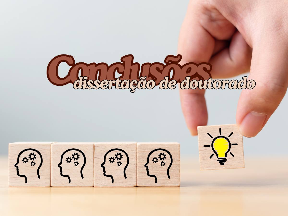 Representação visual do processo de elaboração das conclusões de uma dissertação de doutorado, destacando as ideias principais e a síntese de resultados.